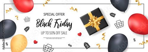 Promo sale flyer for Black friday. Shopping, Clothing store, Gifts, Supermarket, Order online, Sale concept. Vector illustration for poster, banner, flyer, advertising, promo, commercial.