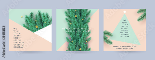 Merry Christmas and Happy New Year Set of backgrounds, greeting cards, posters, holiday covers. Design with realistic New Year's eve  Christmas tree branches.  Xmas festive templates with copy space