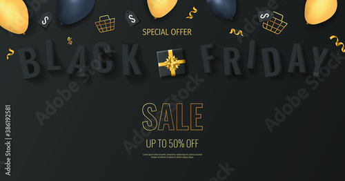Promo sale flyer for Black friday. Shopping, Clothing store, Gifts, Supermarket, Order online, Sale concept. Vector illustration for poster, banner, flyer, advertising, promo, commercial.