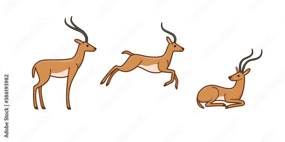 Antelope in various poses. Animal icon set. Different type of animal. Contour vector illustration for emblem, badge, insignia.