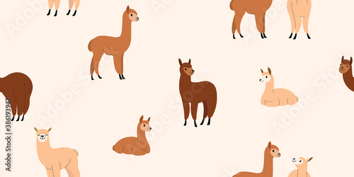 Seamless trendy pattern with style cartoon alpaca in various poses. Flat design print in beige and brown color.