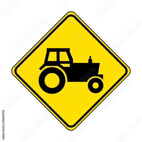 Farm machinery road sign. Vector illustration of tractor crossing warning traffic sign. Farm traffic symbol isolated on white background. Attention, tractors operation. 