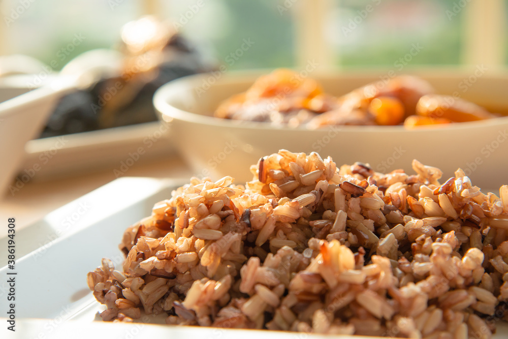 steamed brown rice with several side dish steamed brown rice with several side dish