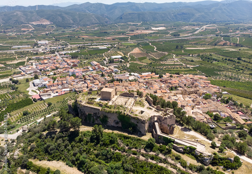 Aerial photography Montesa village countryside and ancient castle ruins. Spain