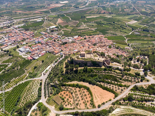 Aerial photography Montesa village countryside and ancient castle ruins. Spain