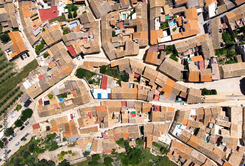Directly from above view ancient houses rooftops and roads, view from top. Montesa village. Spain