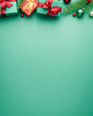 Christmas or New Year turquoise background with fir border