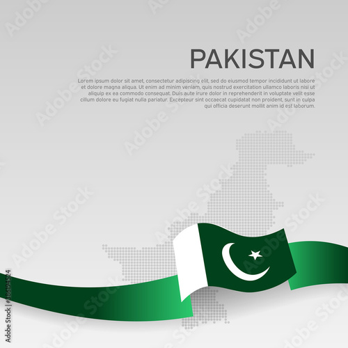 Pakistan wavy flag and mosaic map on white background. Wavy ribbon colors flag of pakistan. National poster. Vector illustration. Business booklet. State patriotic banner, cover