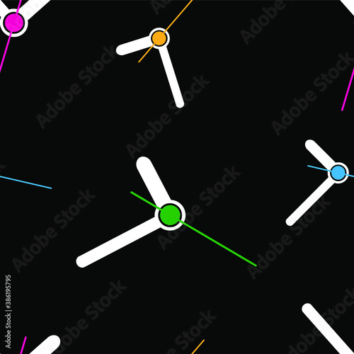 Cute wall clocks on black background with seamless pattern.