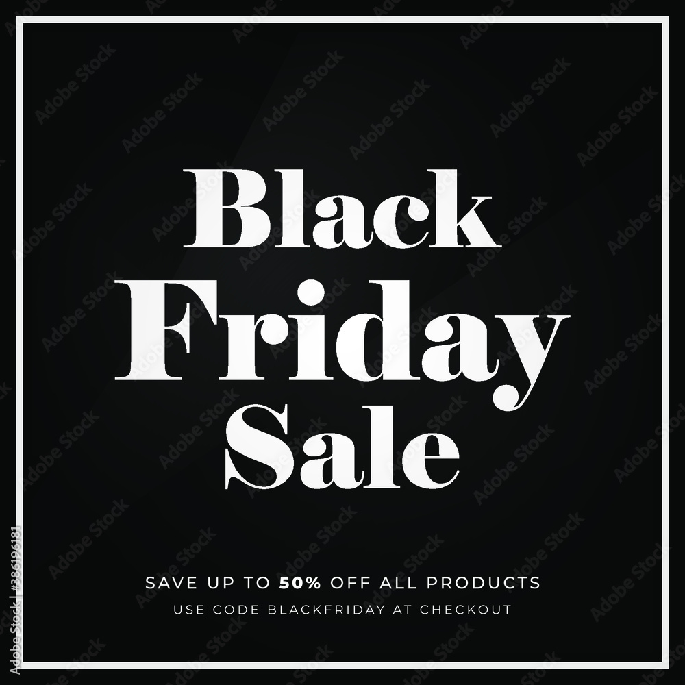 Black Friday Sale  Save up 50% on all products, modern sale banner, design concept, social media post, graphic with white text on a dark abstract background. 