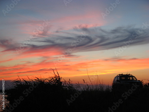 sunset fishing rest expedition lake sasyk machine transport nature colors sunset magic photo