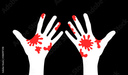 Blood on hands - murderer and killer after murder and homicide. Bloody stains on human palm as metaphor of being guilty. Vector illustration.