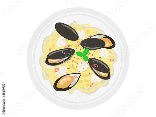 ムール貝のパスタのイラスト