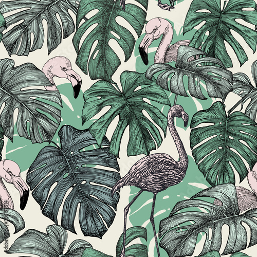  Seamless tropical pattern with pink flamingos and monstera leaves on a light background. Outlines drawn on paper in black ink, converted into a vector image. Realistic summer texture.
