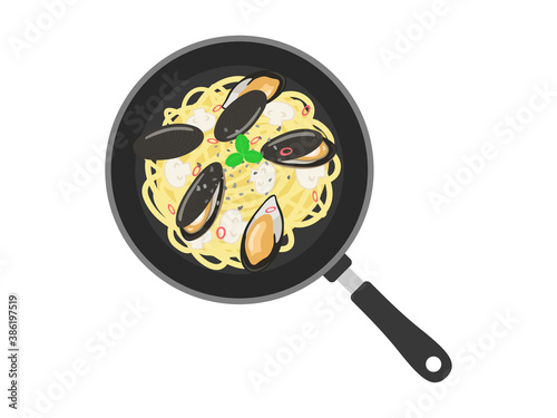 フライパンでムール貝のパスタを調理するイラスト