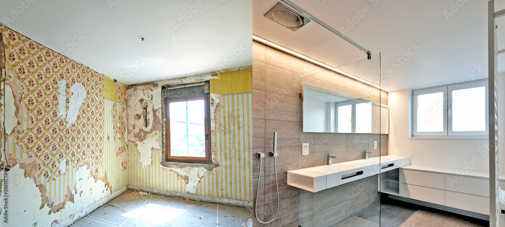 Renovation of a bathroom Before and after - obrazy, fototapety, plakaty 