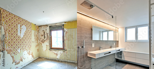 Obraz na płótnie Renovation of a bathroom Before and after w salonie