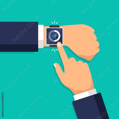 Fitness steps and run tracker app at the smart watch. Pedometer concept. Day activity and tracking data. Man clicks on the watch display. Vector illustration.