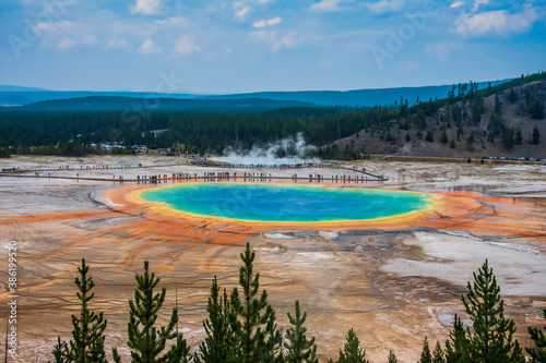 Panoramic view over Grand Prismatic Spring taken from the new overlook reached by a small walk along a trail - Yellowstone National Park, WY, USA