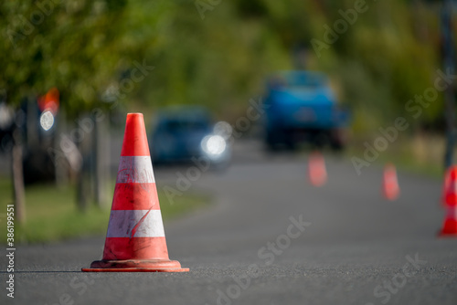  Traffic cone on a street as a warning sign 