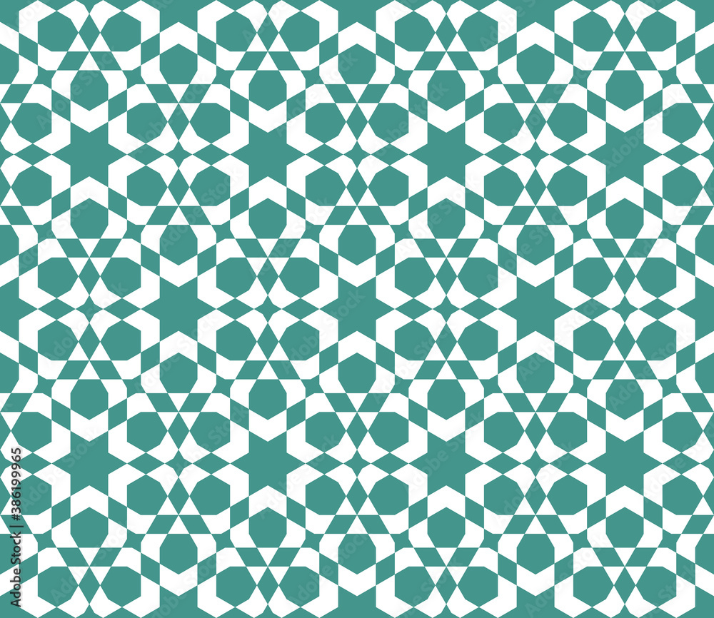 Seamless geometric ornament based on traditional islamic art.Turquoise blue color.