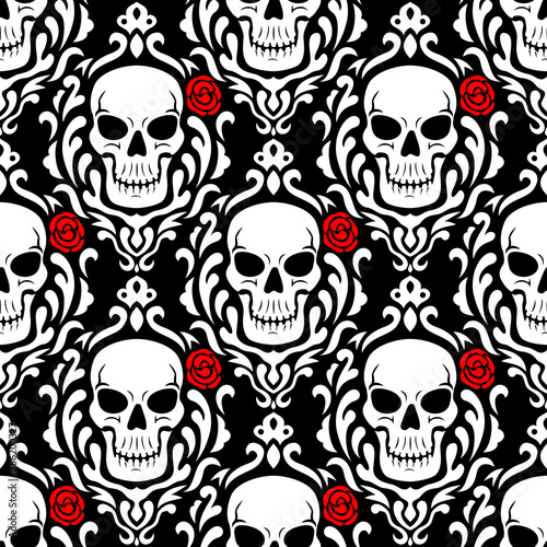 Skulls and Roses Damask Seamless Pattern