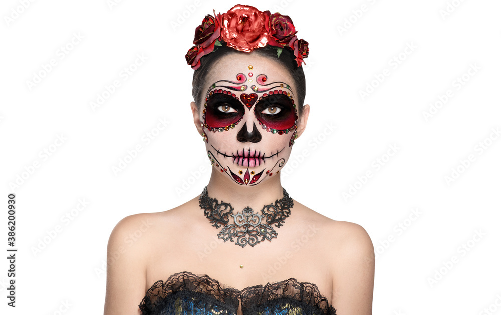 Sugar skull makeup. Halloween party make-up, traditional Mexican carnival,  Santa Muerte. Beautiful young woman costume, painted face. Model girl  isolated on white background. Photos | Adobe Stock