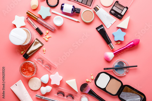 Multiple Beauty Tools On Pink Background