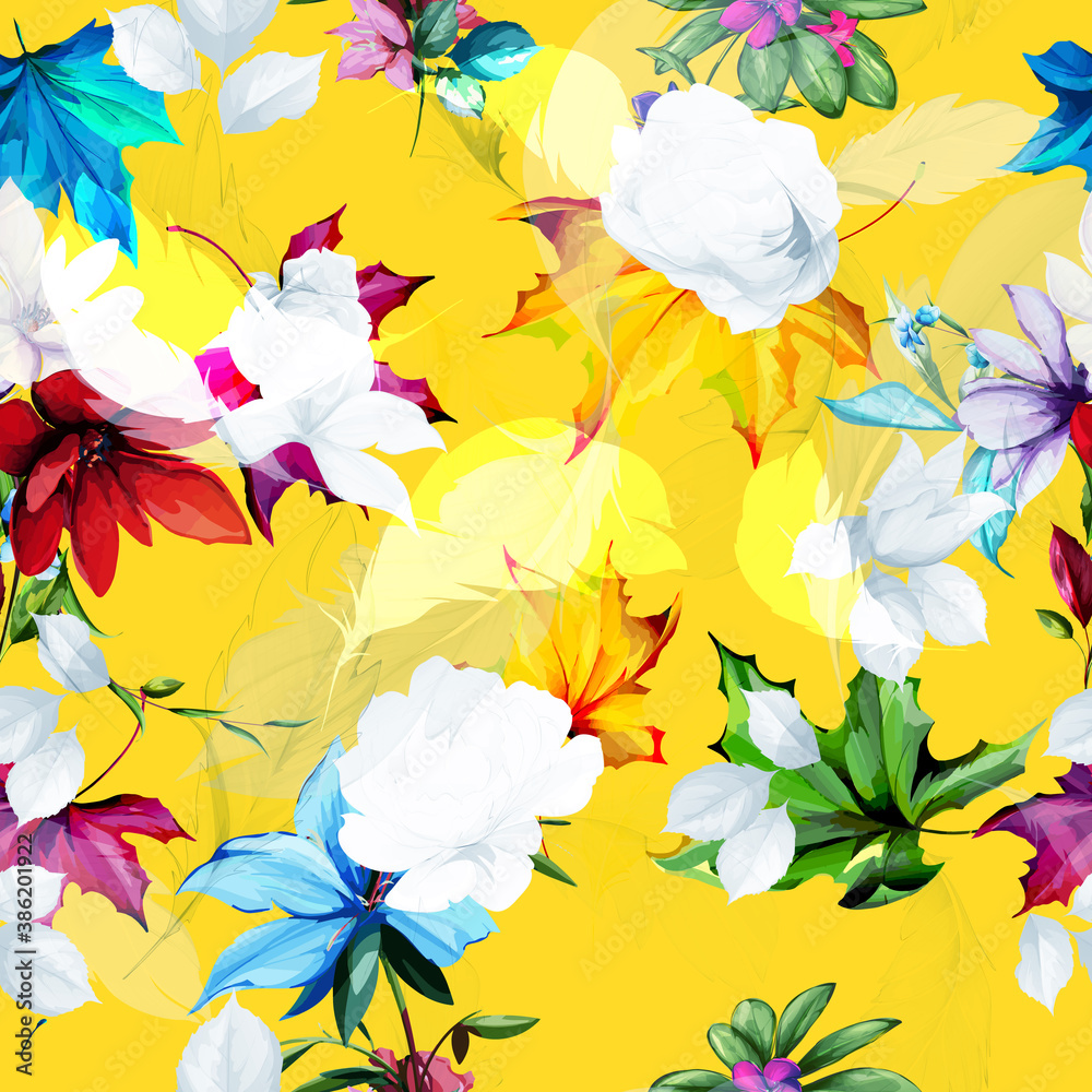 Seamless background pattern. Abstract flowers, peony, magnolia with leaves on yellow. Hand drawn illustration. vector - stock.