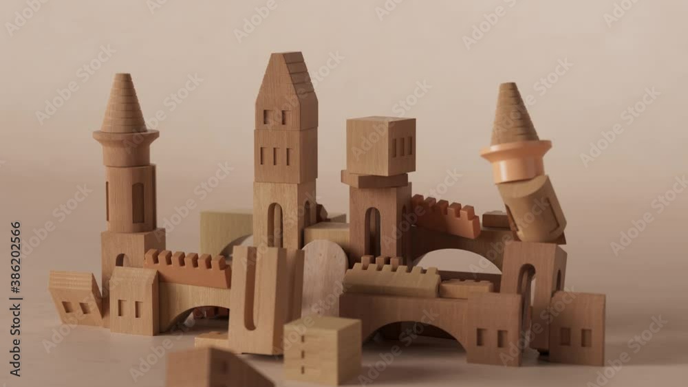 3d render of abstract castle. 3d render of wooden toy blocks structured in castle figure. Time reverse demolition animation.