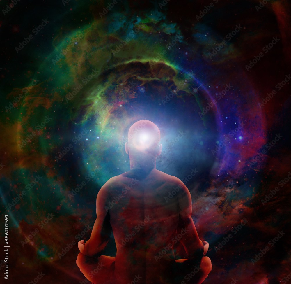 Man in lotus position sits before endless spaces. 3D rendering