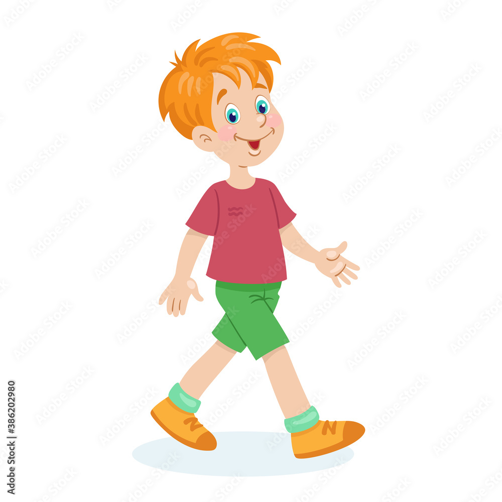 Funny red haired boy going. In cartoon style. Isolated on white background. Vector flat illustration. Funny red haired boy going. In cartoon style. Isolated on white background. Vector flat illustration.