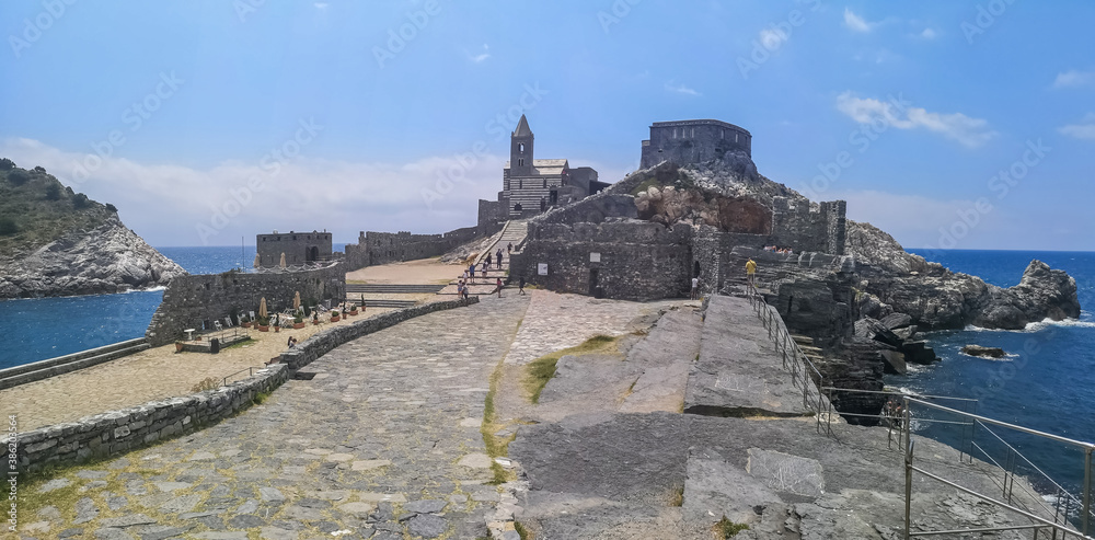 Aerial ultra wide panorama of Portovenere and the Church of San Pietro