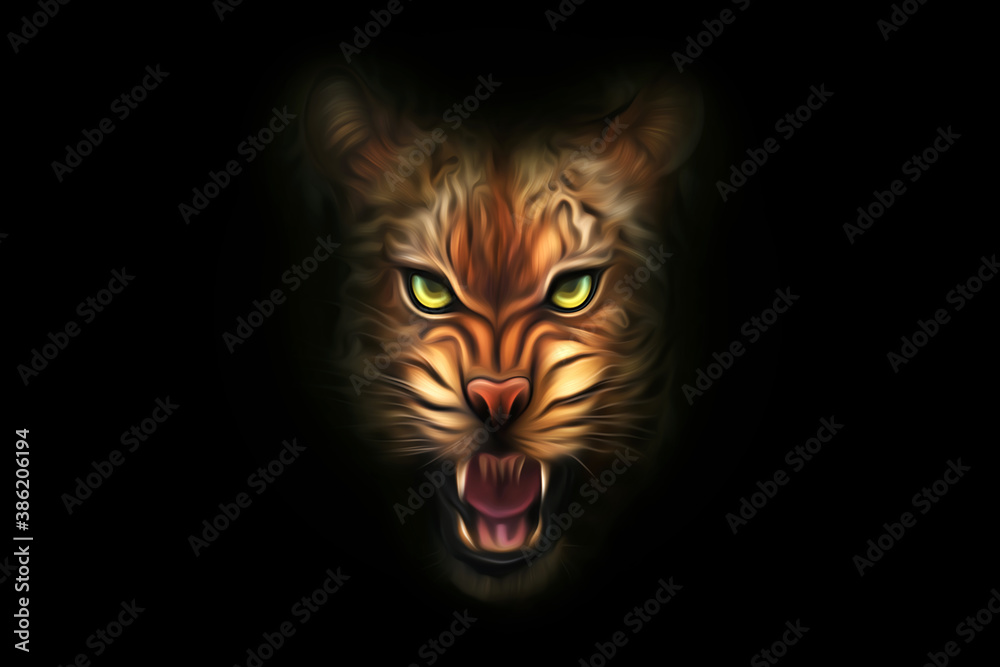 A predatory look and a grin of a tiger, yellow eyes, a dark background. The concept of predatory animals, wildlife, food pyramid. 3D illustration, 3D render.