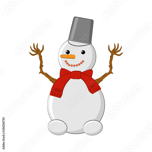 Snowman. Snowman. Cute snowman with a bucket on his head and a red scarf.Isolated on white background
