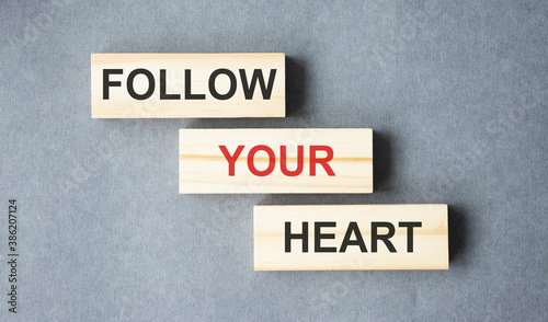 Follow Your Heart text on wooden block. © Inna