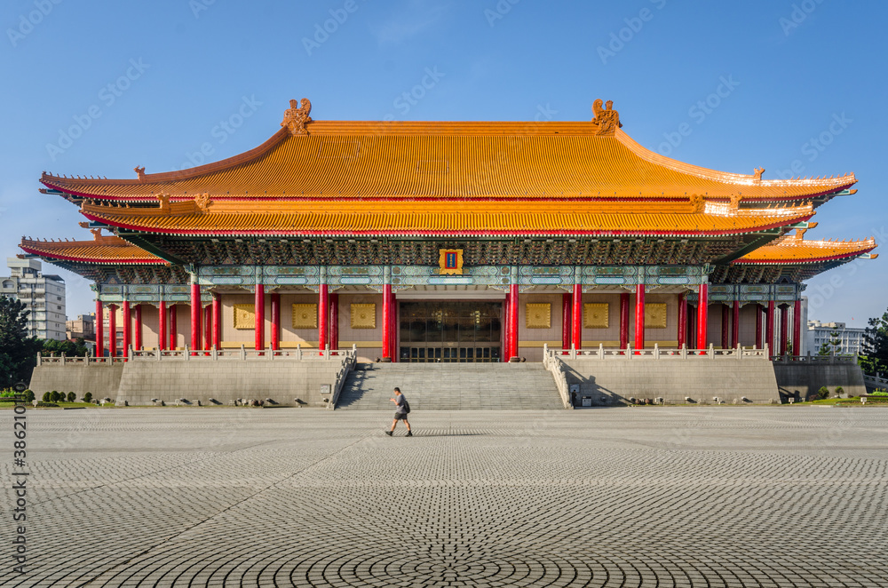 Obraz premium Taipei, Taiwan - Circa April 2018 -Taiwan's National Theater at Liberty Square next to Chiang Kai-Shek Memorial Hall. Taipei, Taiwan. Chinese letters means 