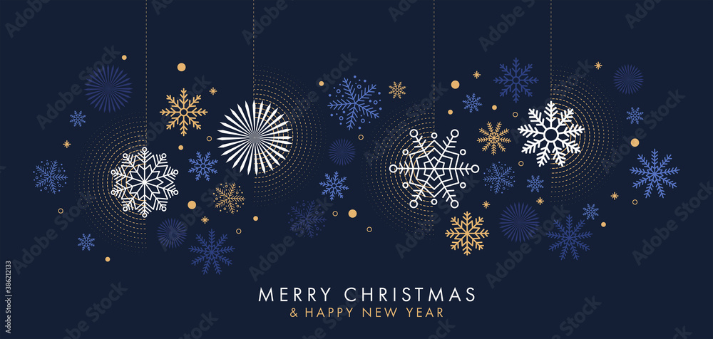 Merry Christmas and Happy New Year background, greeting card, poster, holiday cover. Design template with border made of beautiful snowflakes in modern flat line art style. Xmas decoration. Vector