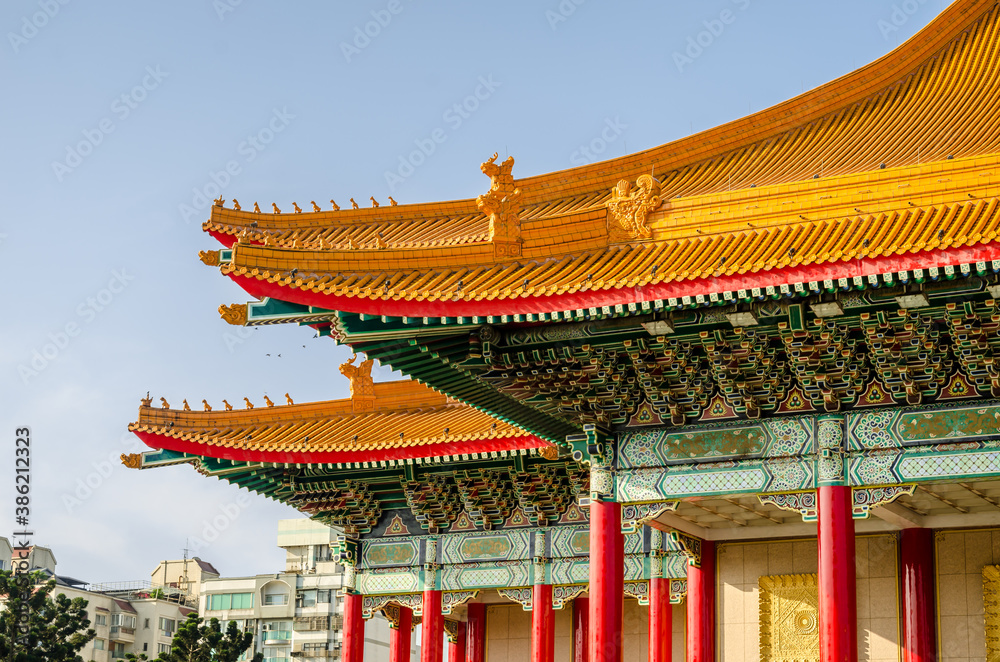 Taipei, Taiwan - Circa April 2018 - Close up of Taiwan's National Theater at Liberty Square next to Chiang Kai-Shek Memorial Hall. Taipei, Taiwan. Chinese letters means Taipei, Taiwan - Circa April 2018 - Close up of Taiwan's National Theater at Liberty Square next to Chiang Kai-Shek Memorial Hall. Taipei, Taiwan. Chinese letters means