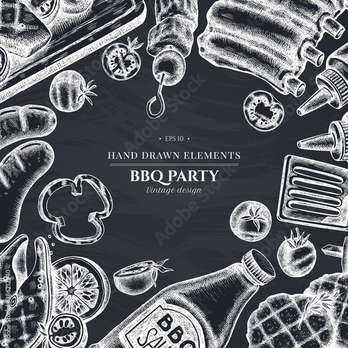 Monochrome design with chalk spatula, Pork ribs, kebab, sausages, steak, sauce bottles, grilled burger patties, grilled tomato, grilled salmon steak, grilled bell pepper