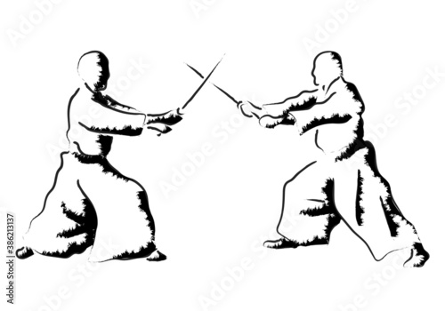 Aikido combat between athletes, stylized vector illustration