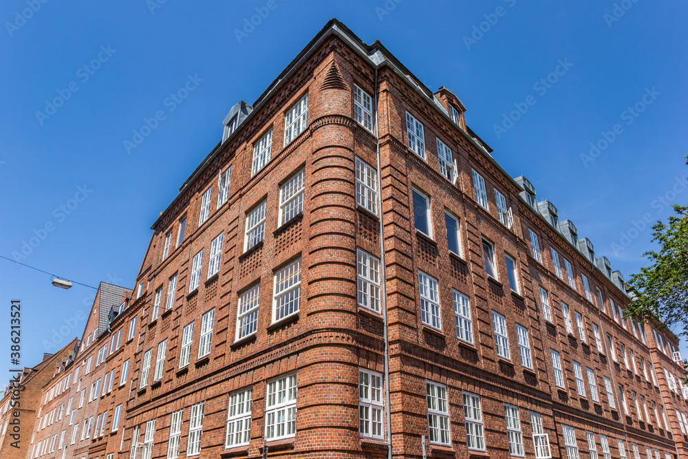 Red brick corner building in Flensburg, Germany