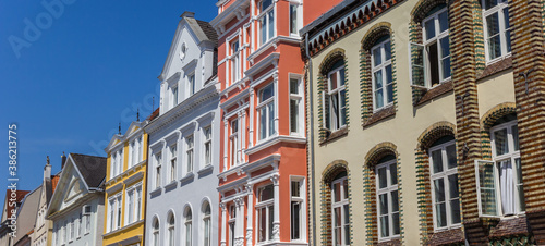 Panorama of old houses in the historic center of Flensburg, Germany © venemama