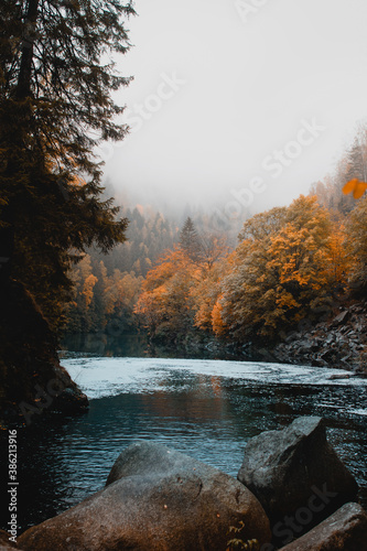 A calm and peaceful scene in the mountains on a foggy cold autumn day with warm tones. A wild river in a canyon with fall leaves. Exploring colorful orange nature in october, National Park Harz