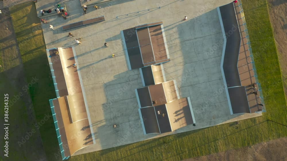 Children ride in the new skate park, aerial view