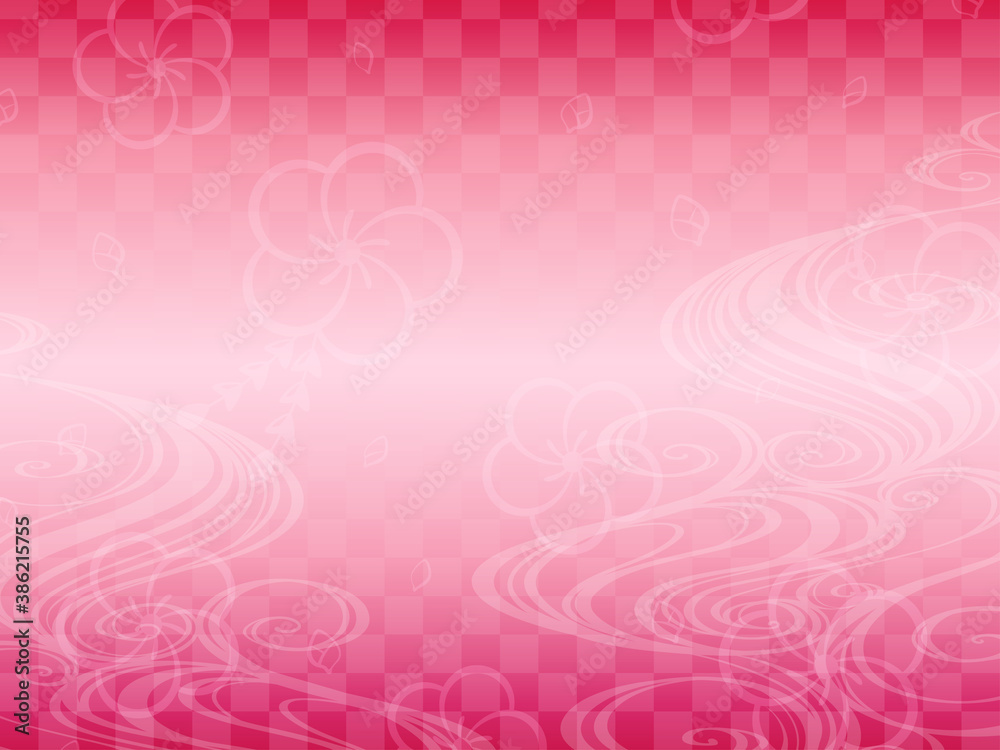 ピンクの背景と和風な波のフレーム_イラスト_梅の模様