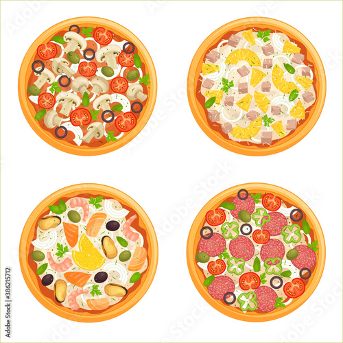 Vector pizza set isolated on white background. Top view pizza with ingredients