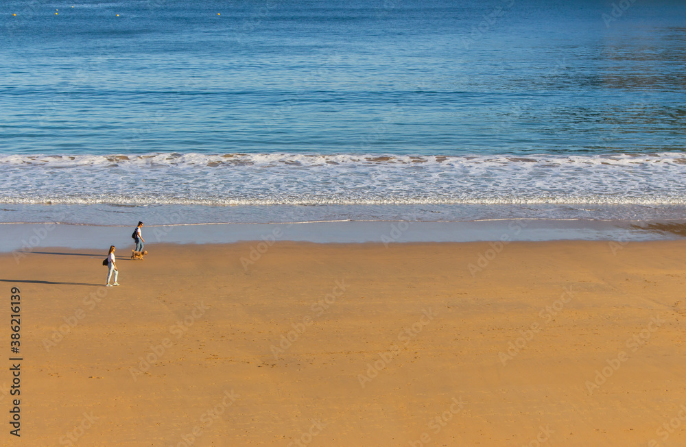 San Sebastian, Spain - 10/11/2019: Unknown people with dog walking on the beach. Tourists in bay of Biscay in San Sebastian in autumn. Wide aerial beach in morning sunlight. Active people. 