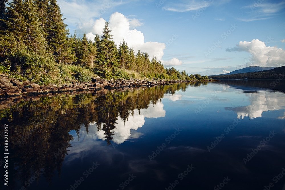 reflection of trees in water, mountain lake with reflection, mirror landscape in reflection, reservoir mountains travel