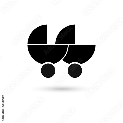 Black baby double stroller. flat icon isolated on white